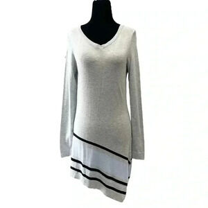 Ricki’s Tunic Sweater Asymmetrical  Hem V Neckline Grey Blue Black Stripes XS
